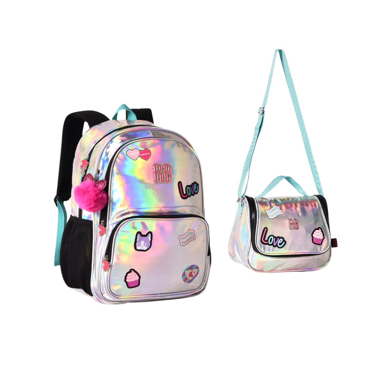 KIT MOCHILA DE COSTA E LANCHEIRA REBECCA BONBON HOLOGRAFICA