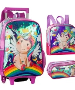 Kit Mochila Carrinho + Estojo + Lancheira Clio Style Unicornio