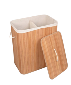 Cesto de Roupa Suja de Bambu Com Tampa 2 Divisórias Organizador Banheiro Lavanderia