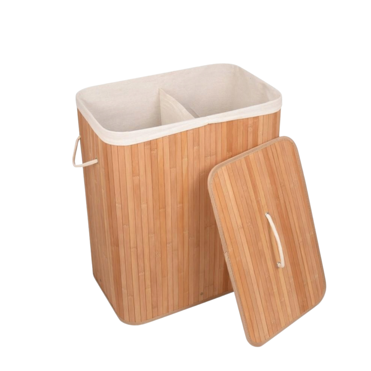 Cesto de Roupa Suja de Bambu Com Tampa 2 Divisórias Organizador Banheiro Lavanderia