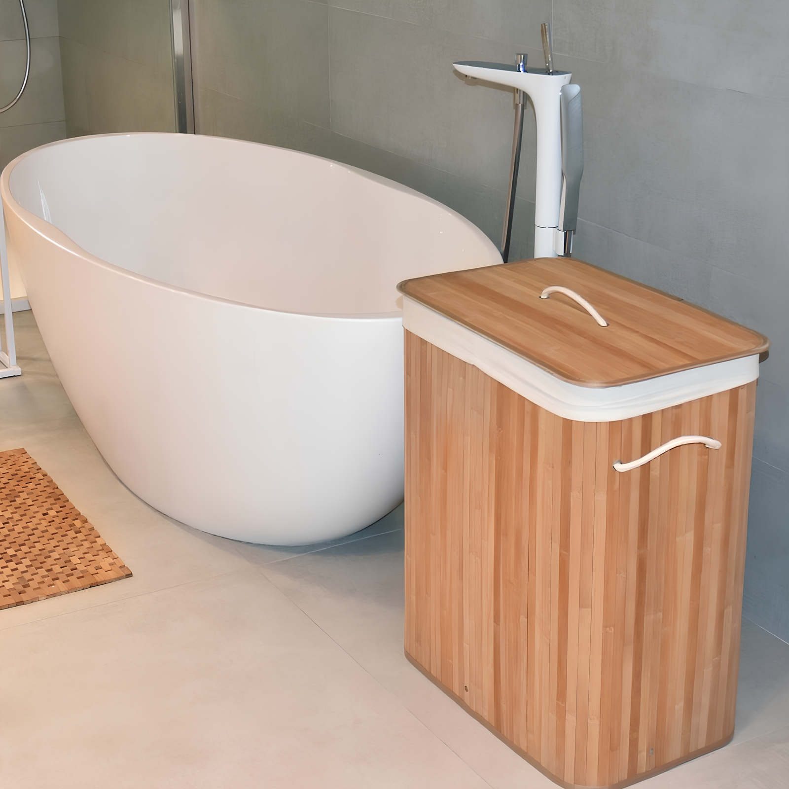 Cesto de Roupa Suja de Bambu Com Tampa 2 Divisórias Organizador Banheiro Lavanderia - Imagem 3