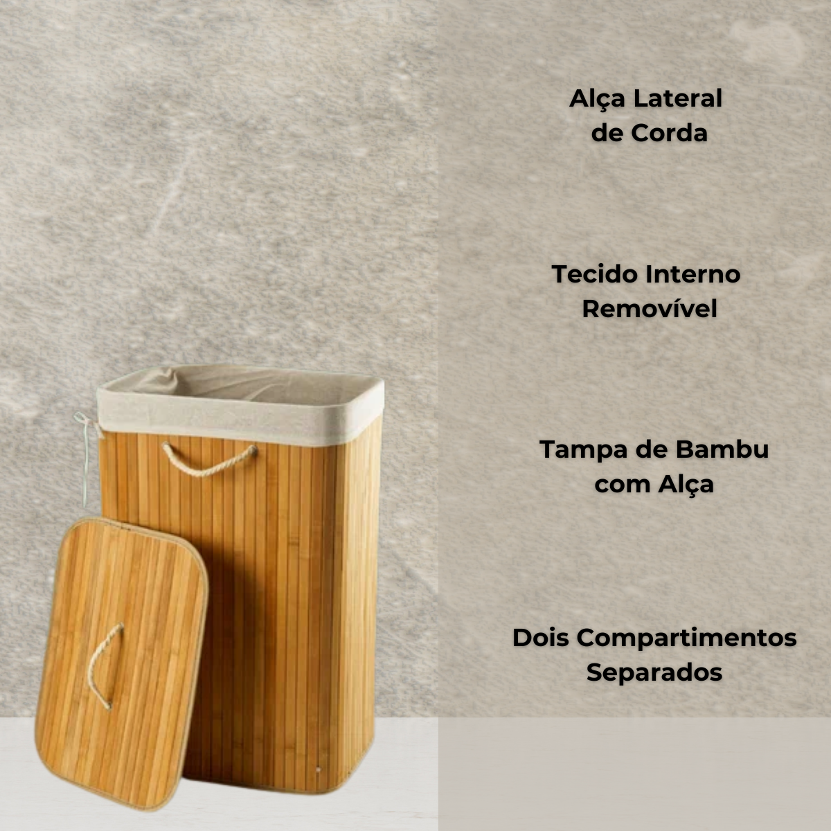 Cesto de Roupa Suja de Bambu Com Tampa 2 Divisórias Organizador Banheiro Lavanderia - Imagem 6