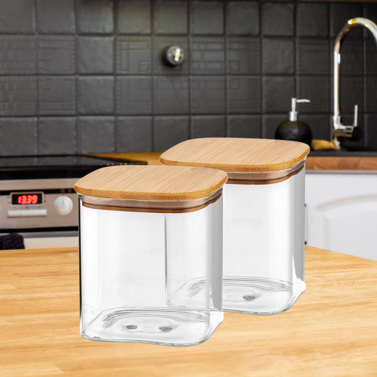Kits Potes de Vidro com Tampa de Bambu – Hermético e Elegante para Cozinha