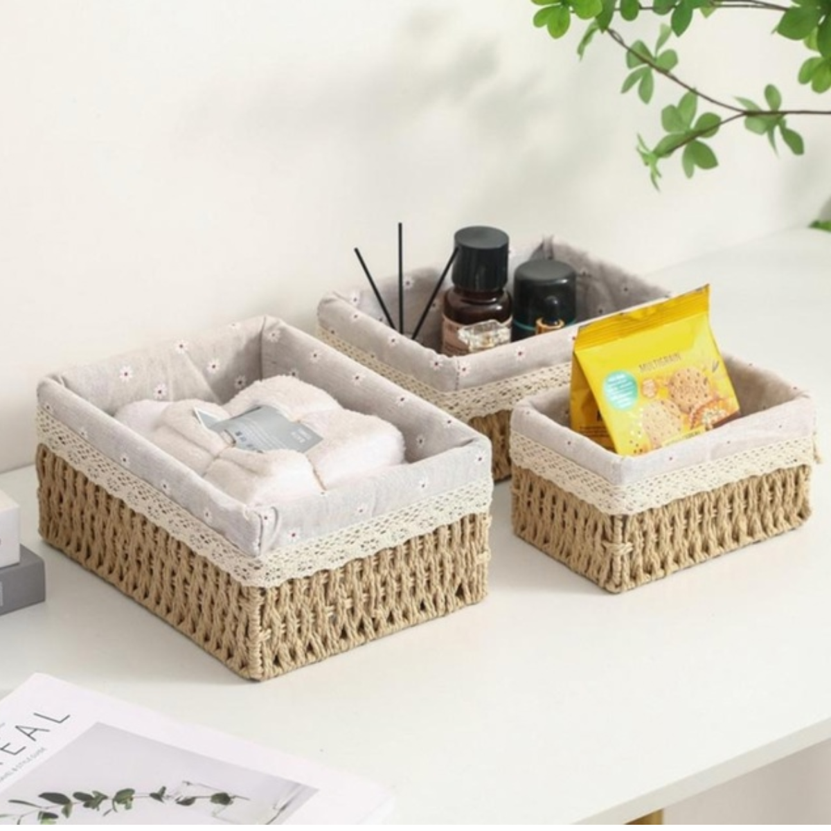 Cesto de Bambu Trançado organizador Multiuso com forro 3 unidades - Imagem 4