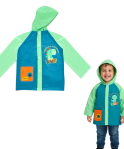 Capa De Chuva Infantil Dinossauro Verde E Azul Com Capuz