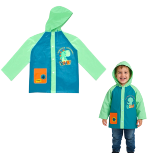 Capa De Chuva Infantil Dinossauro Verde E Azul Com Capuz
