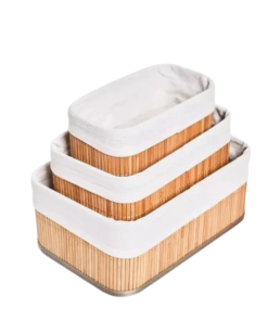 Kit 3 Cestos Organizadores de Bambu Multiuso com Forro