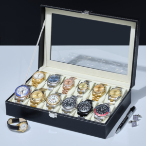 Caixa Maleta Estojo Para Organizar 12 Relógios Revestido Em Couro Sintético Ecológico Preto